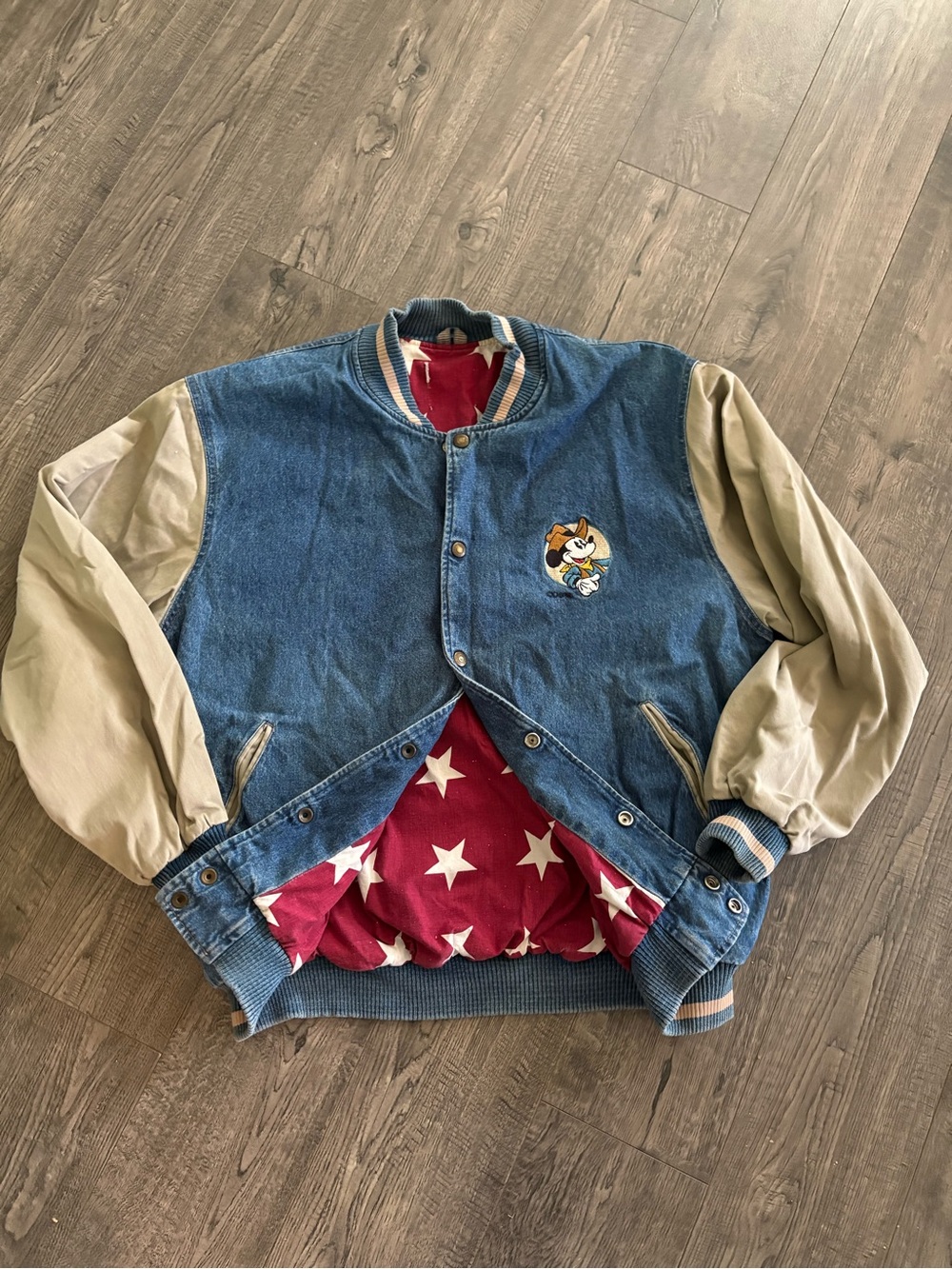 Vintage 90s Mickey Mouse Rodeo Team Disney Denim Letterman Varsity Jacket Mens L